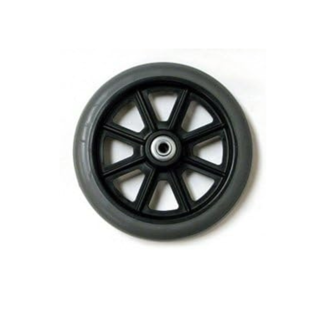 A black plastic spoked wheel with a gray rubber tire and central metal bearing for Nova ZOOM & GetGo rollators, shown on a white background—perfect as a replacement part.